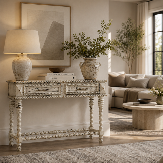 White Vintage Console Table with Two Drawers