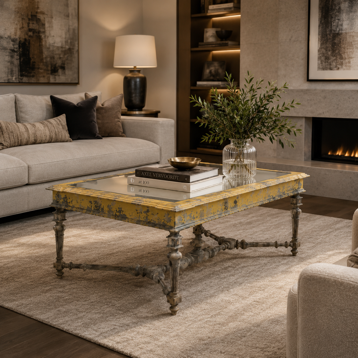 Vintage Glass-Top Console Table with Aged Gold & Grey Finish