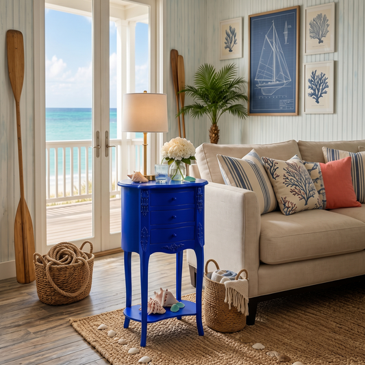 Blue Vintage Chest with Three Drawers and Lower Shelf