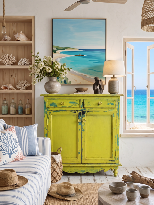 Vintage Lime Yellow Side Cabinet with Turquoise Distressed Details