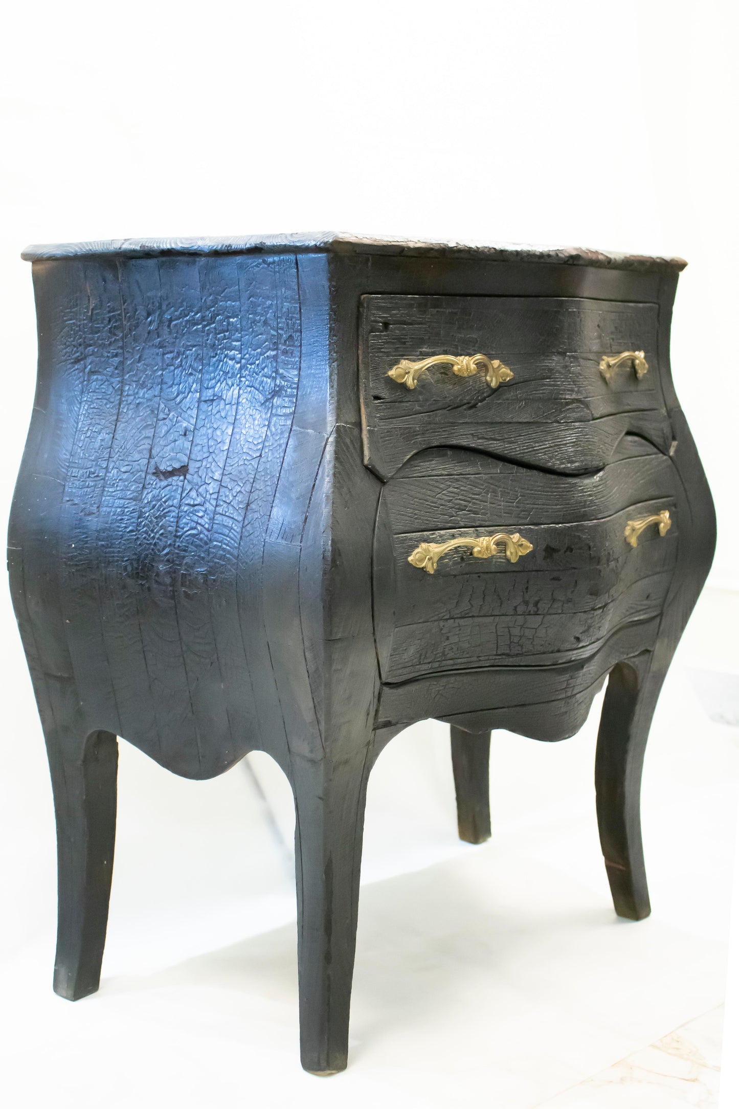 Vintage Black Mosky Wood Nightstand — Burnt Wood Technique