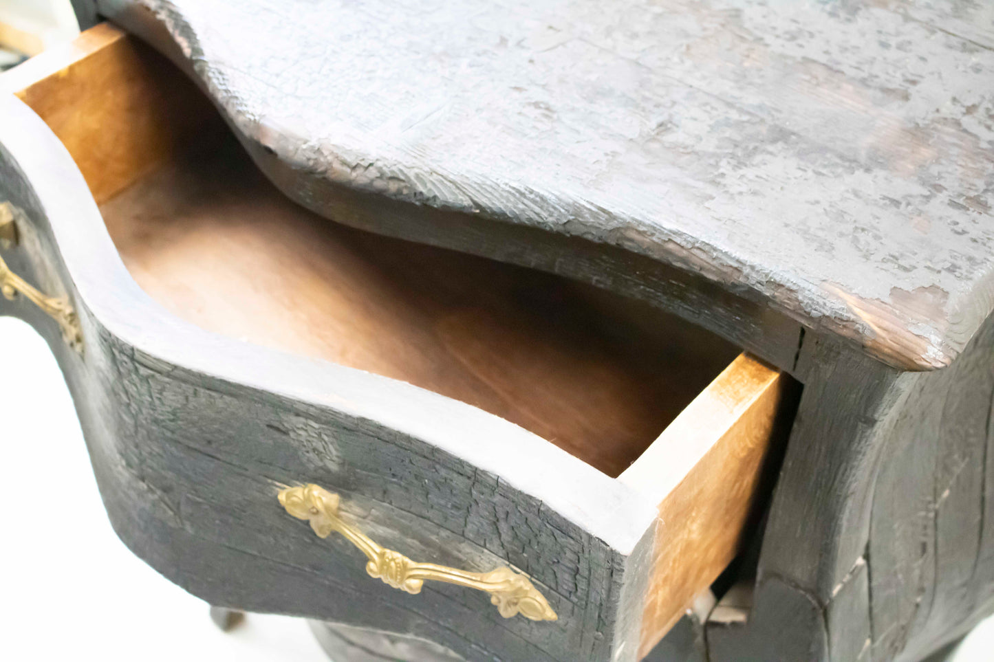 Vintage Black Mosky Wood Nightstand — Burnt Wood Technique