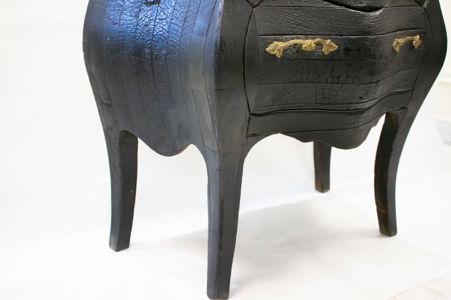 Vintage Black Mosky Wood Nightstand — Burnt Wood Technique