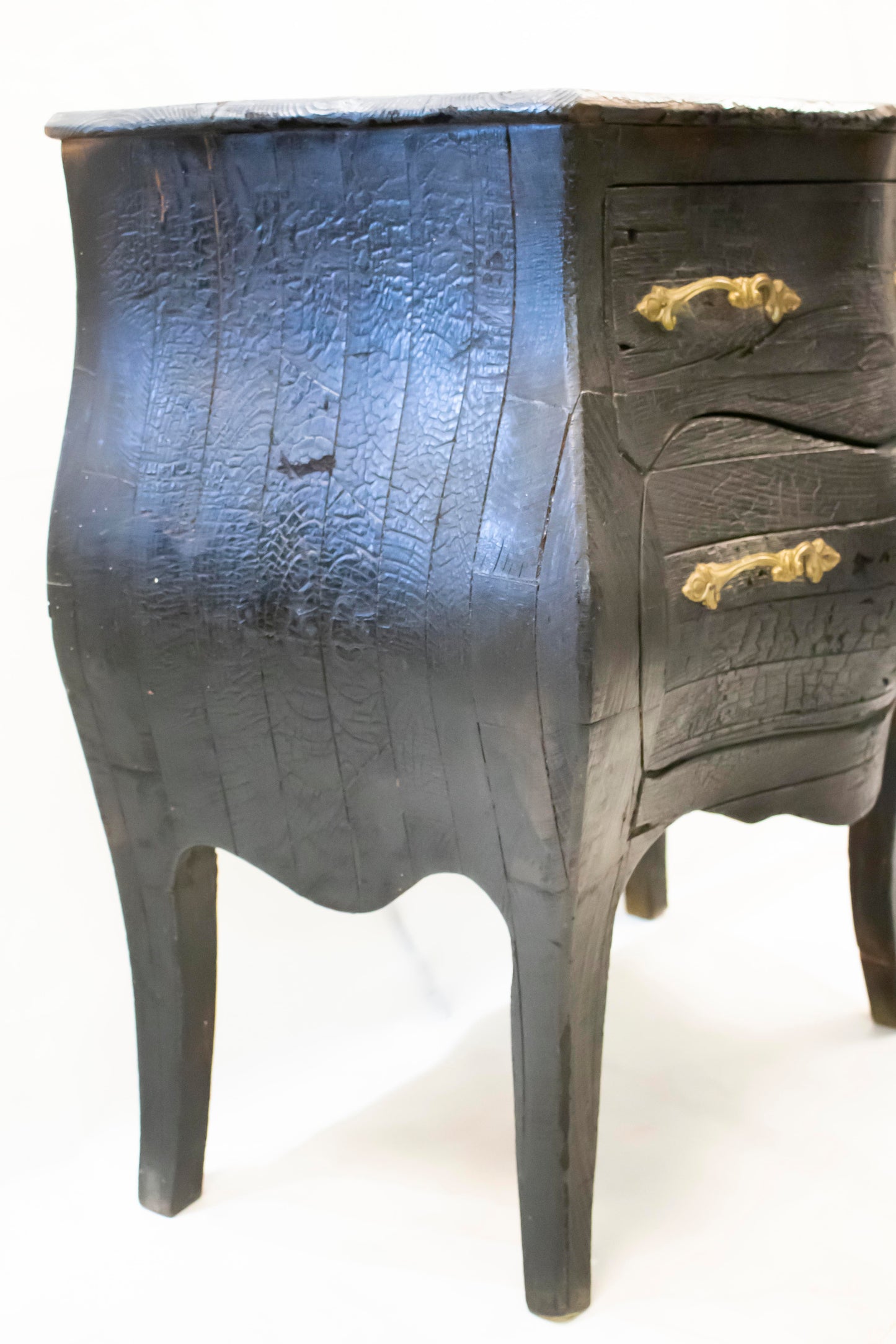 Vintage Black Mosky Wood Nightstand — Burnt Wood Technique