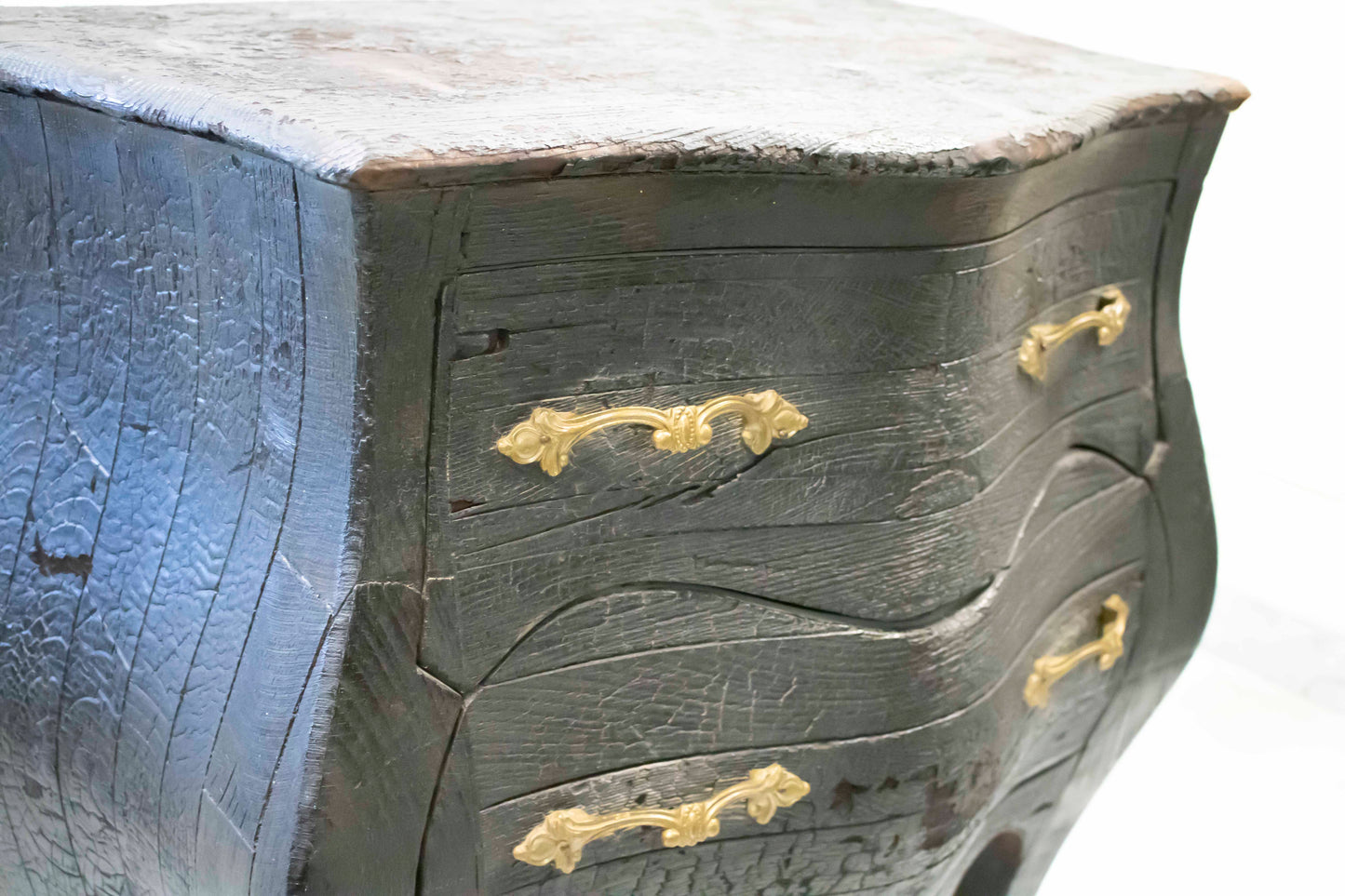 Vintage Black Mosky Wood Nightstand — Burnt Wood Technique