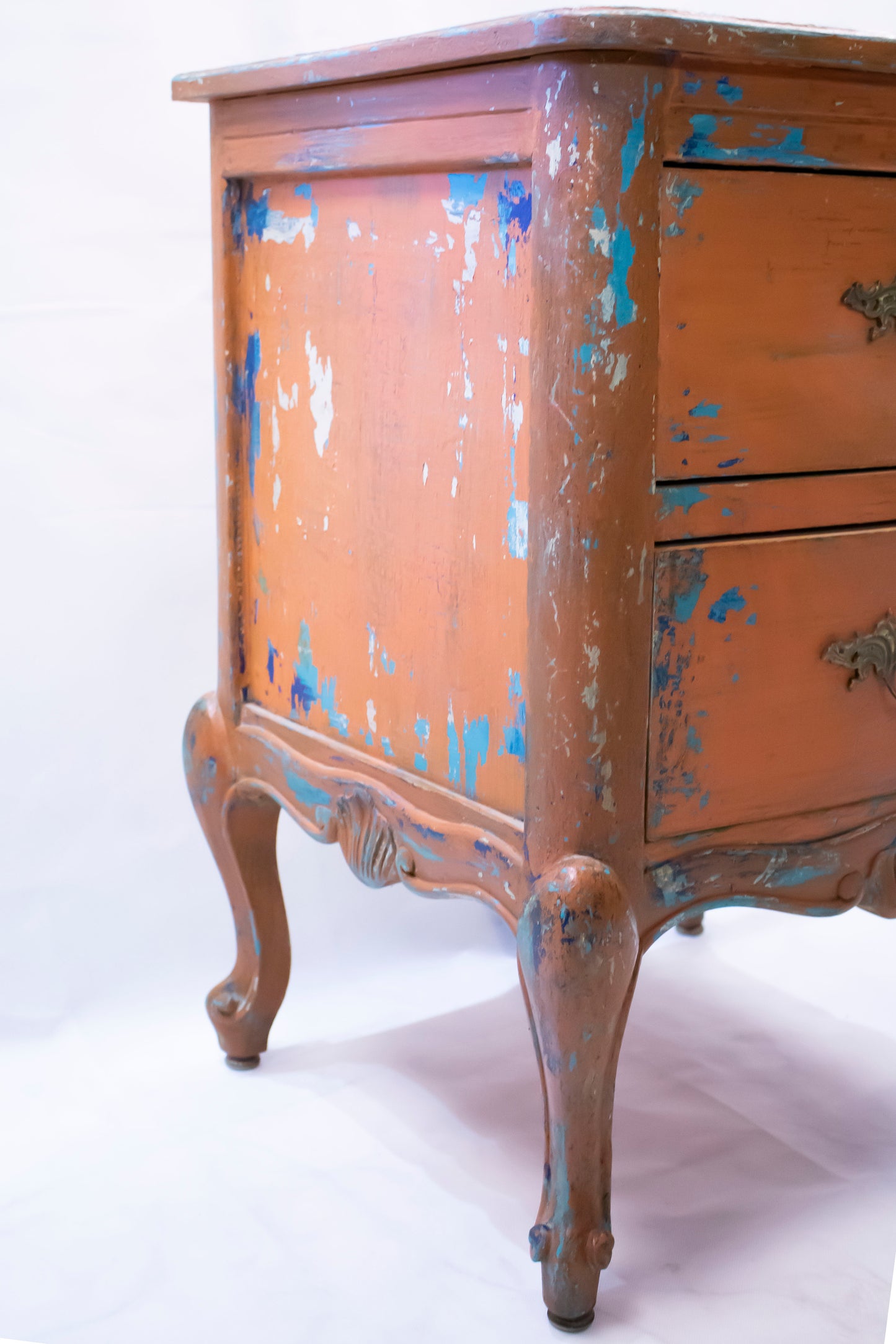 Vintage Orange Distressed Nightstand with Turquoise Details