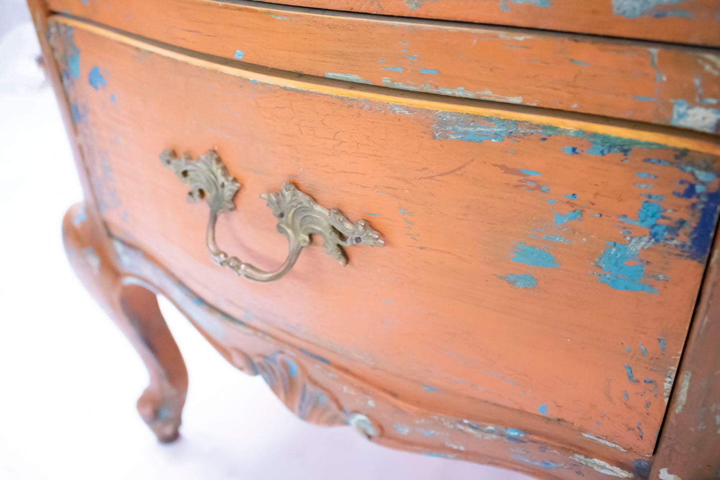 Vintage Orange Distressed Nightstand with Turquoise Details