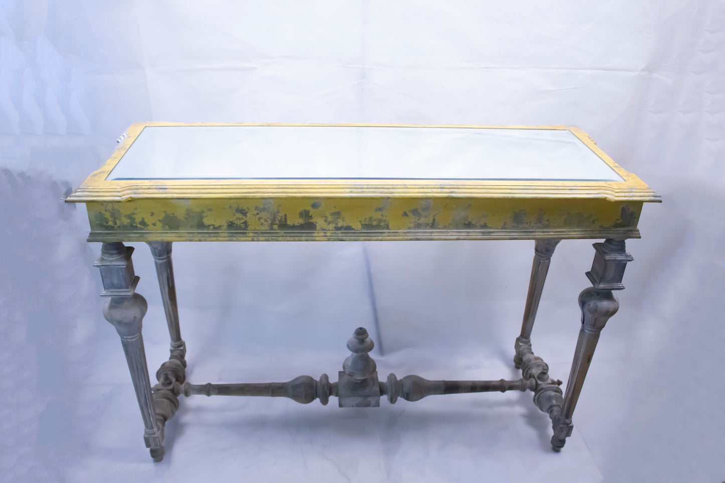 Vintage Glass-Top Console Table with Aged Gold & Grey Finish
