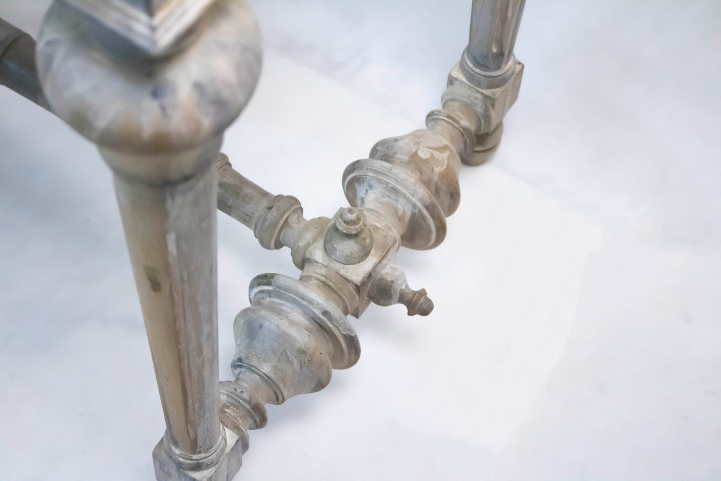 Vintage Glass-Top Console Table with Aged Gold & Grey Finish