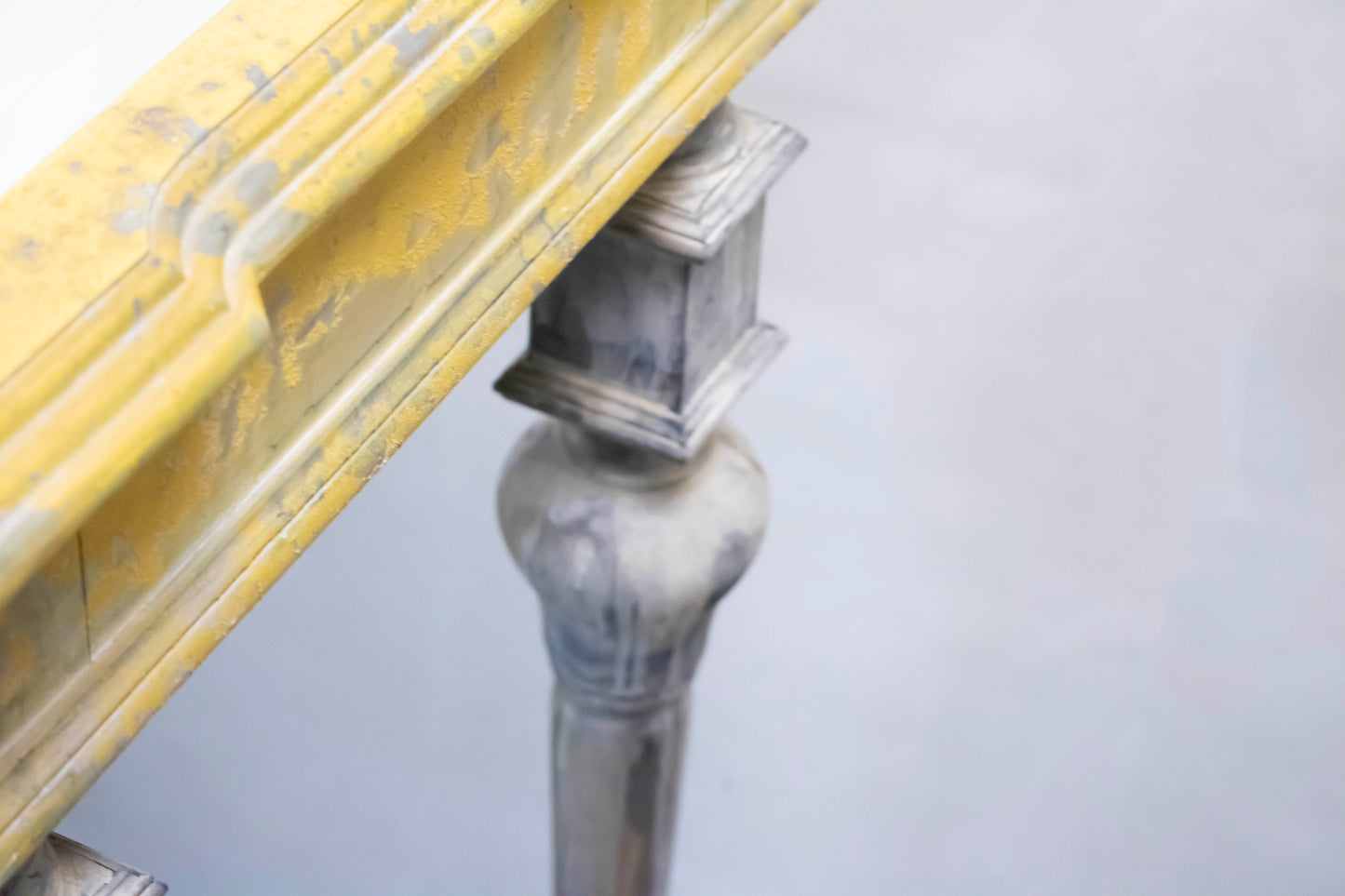 Vintage Glass-Top Console Table with Aged Gold & Grey Finish