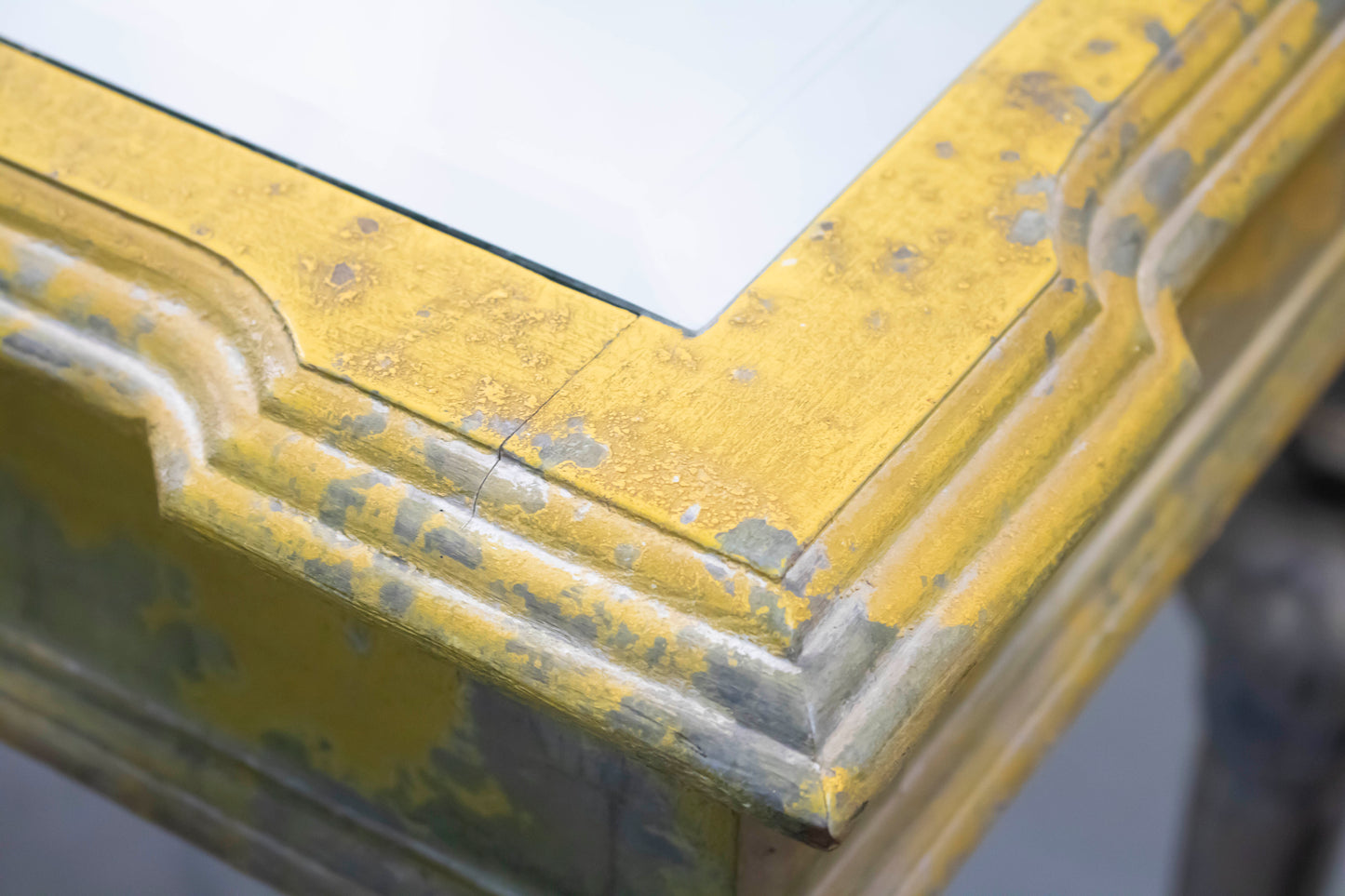 Vintage Glass-Top Console Table with Aged Gold & Grey Finish