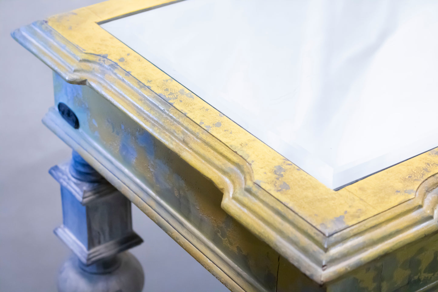 Vintage Glass-Top Console Table with Aged Gold & Grey Finish