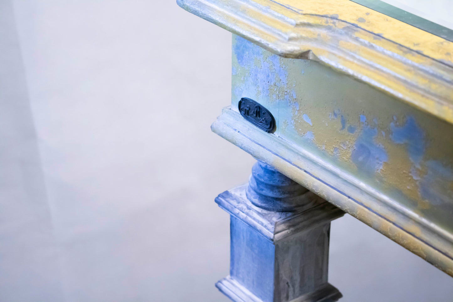 Vintage Glass-Top Console Table with Aged Gold & Grey Finish