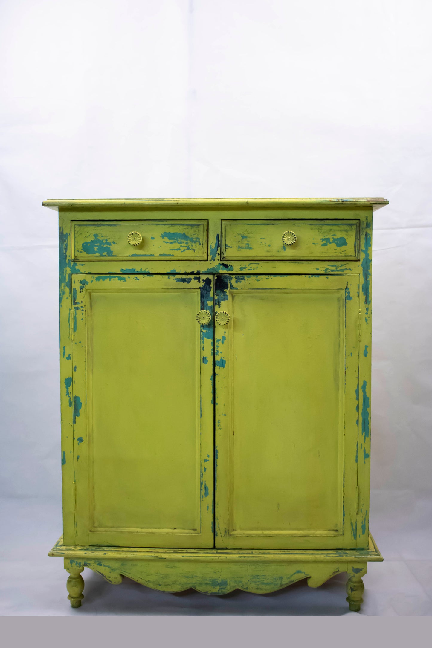 Vintage Lime Yellow Side Cabinet with Turquoise Distressed Details