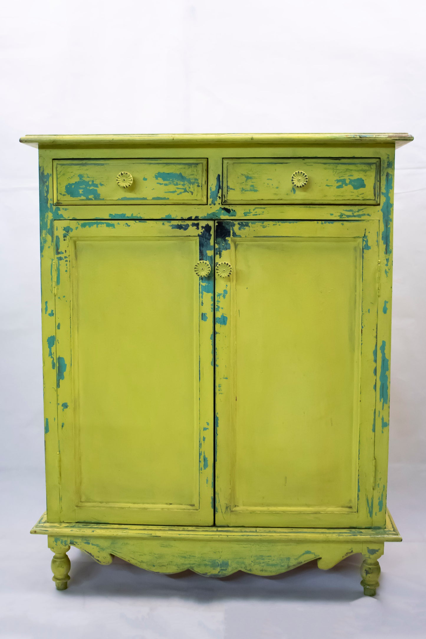 Vintage Lime Yellow Side Cabinet with Turquoise Distressed Details