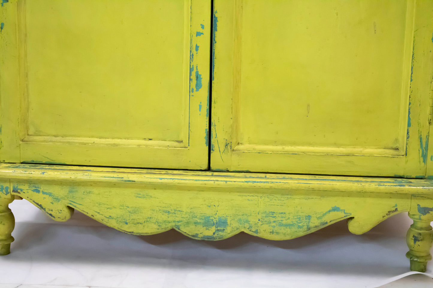 Vintage Lime Yellow Side Cabinet with Turquoise Distressed Details