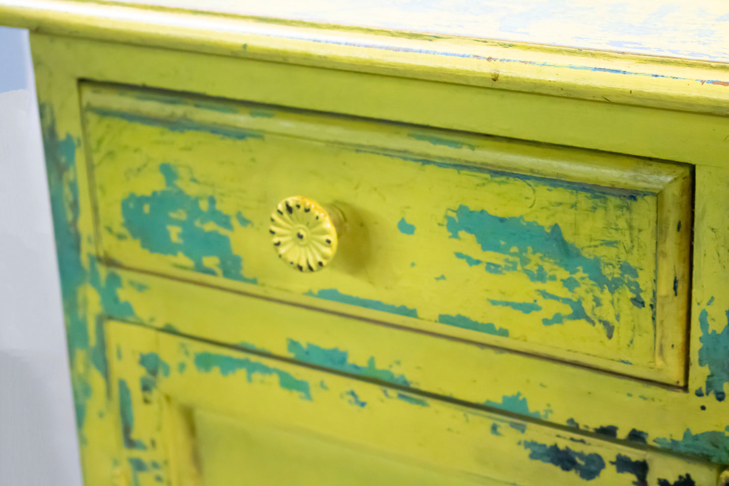 Vintage Lime Yellow Side Cabinet with Turquoise Distressed Details