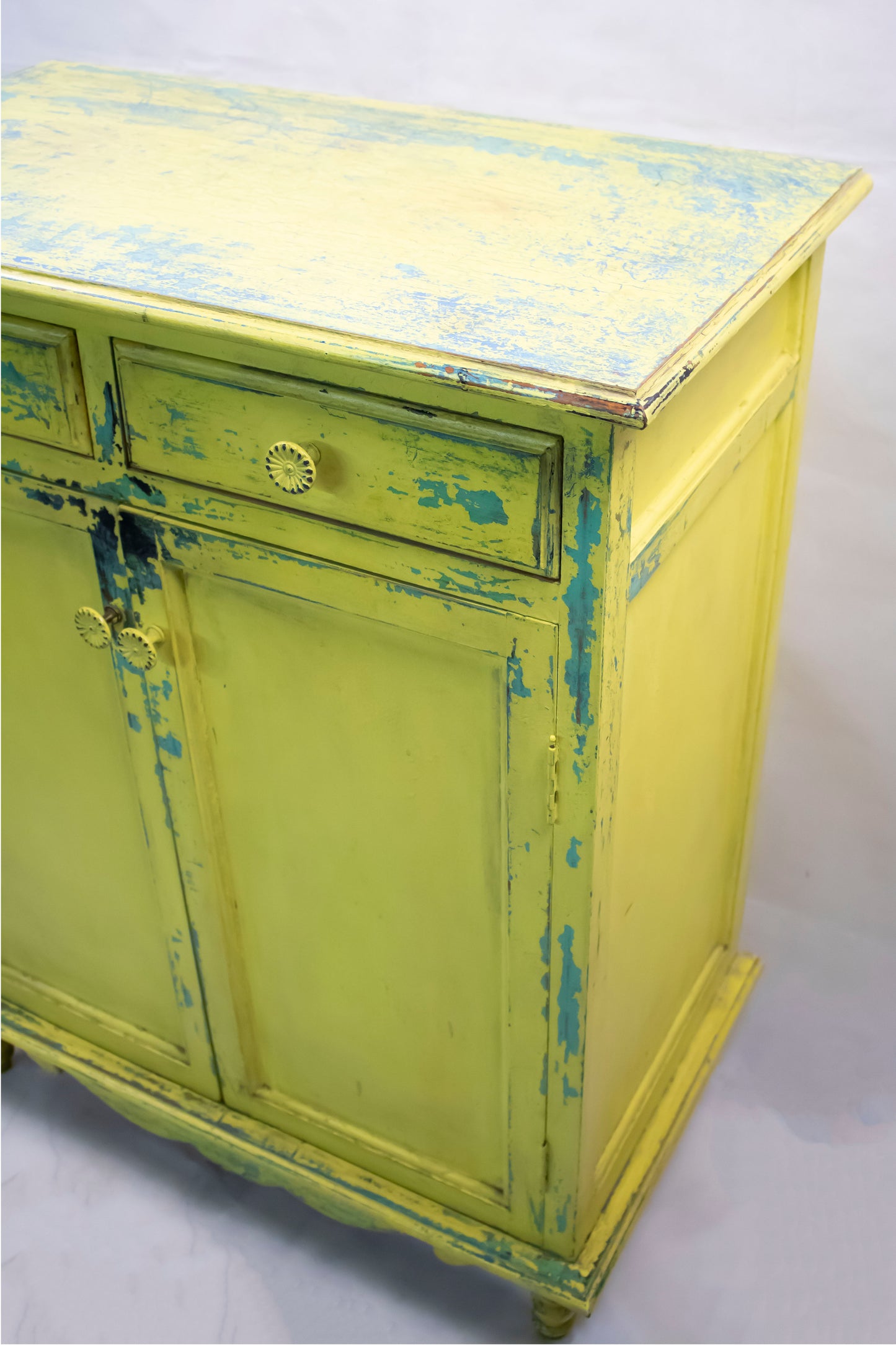 Vintage Lime Yellow Side Cabinet with Turquoise Distressed Details