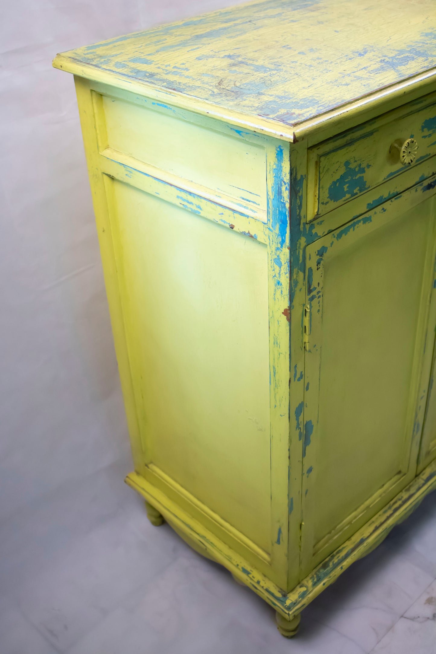 Vintage Lime Yellow Side Cabinet with Turquoise Distressed Details