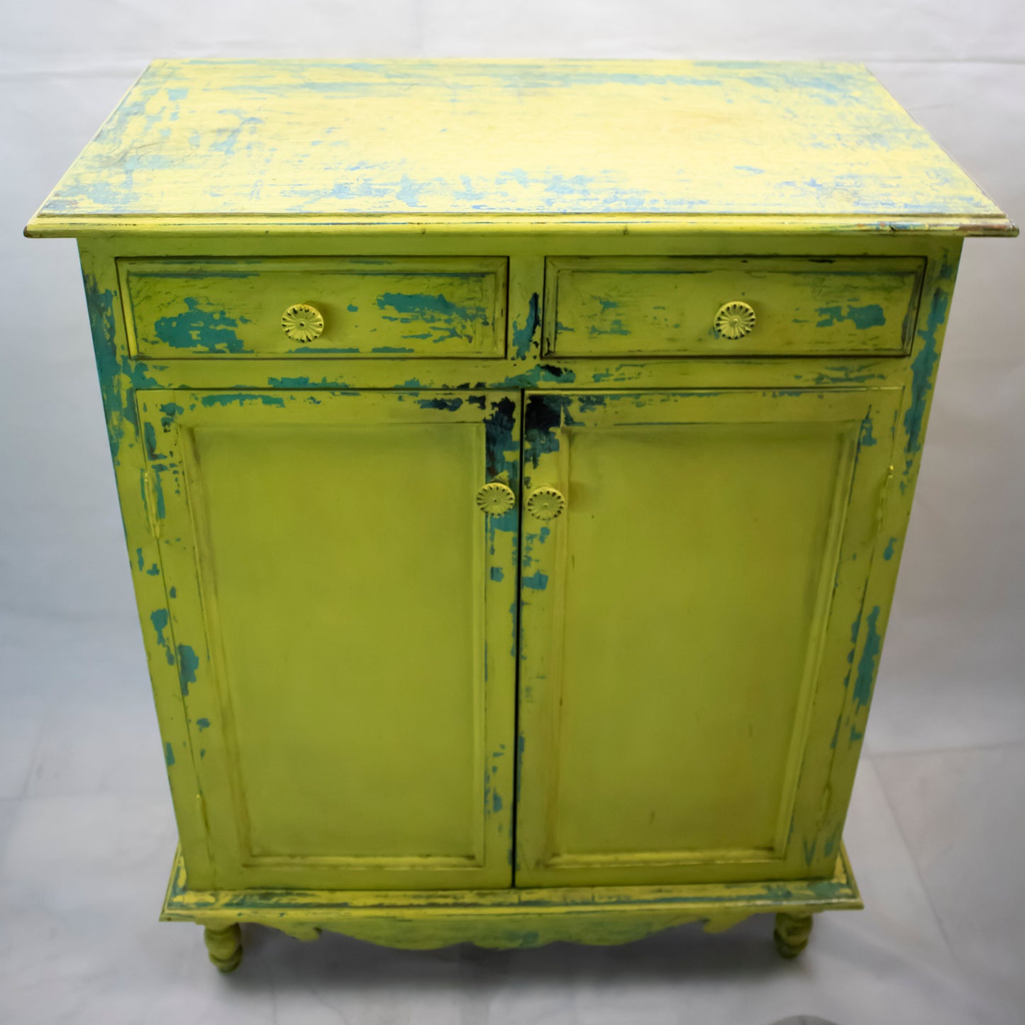 Vintage Lime Yellow Side Cabinet with Turquoise Distressed Details
