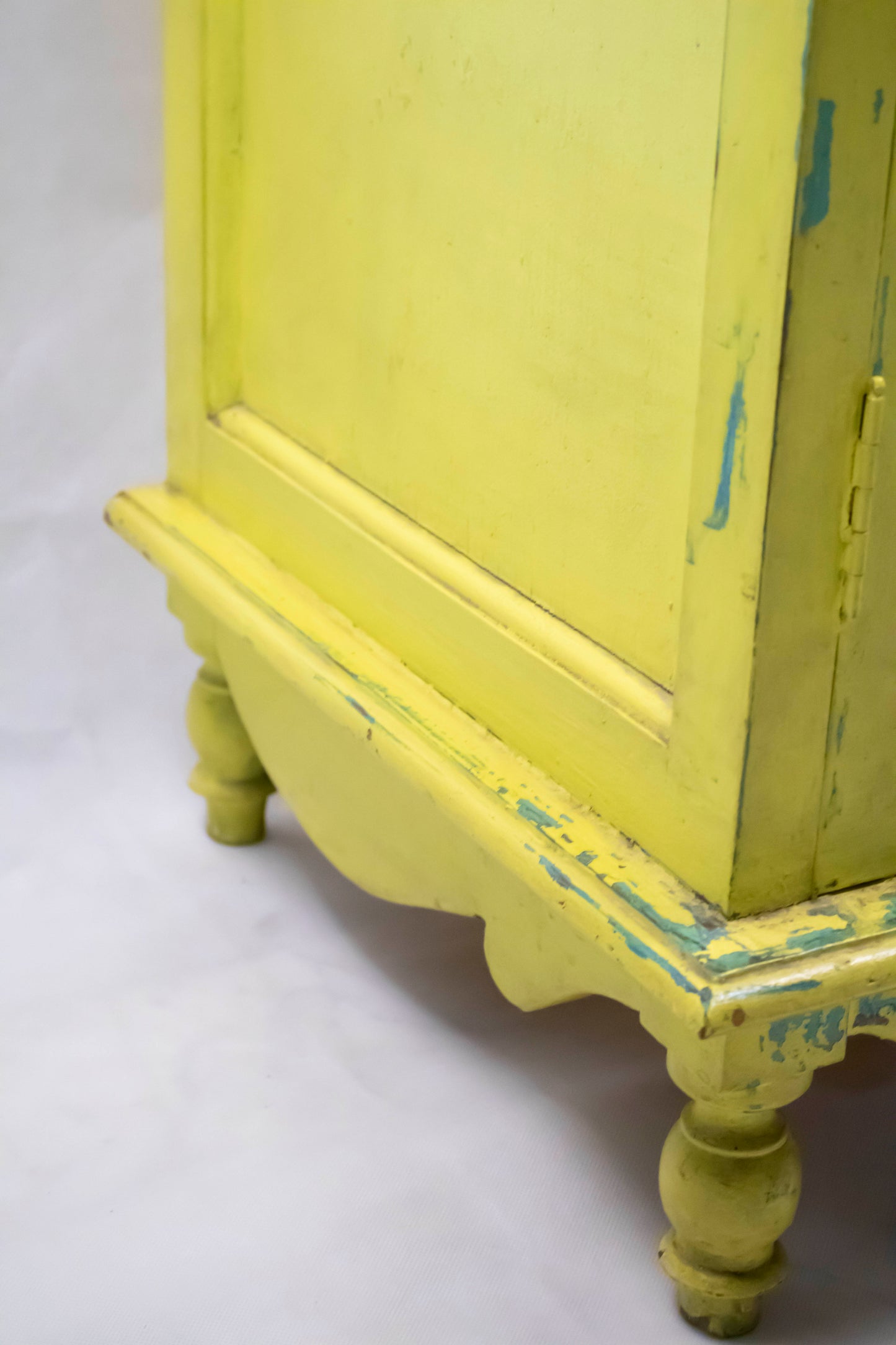 Vintage Lime Yellow Side Cabinet with Turquoise Distressed Details