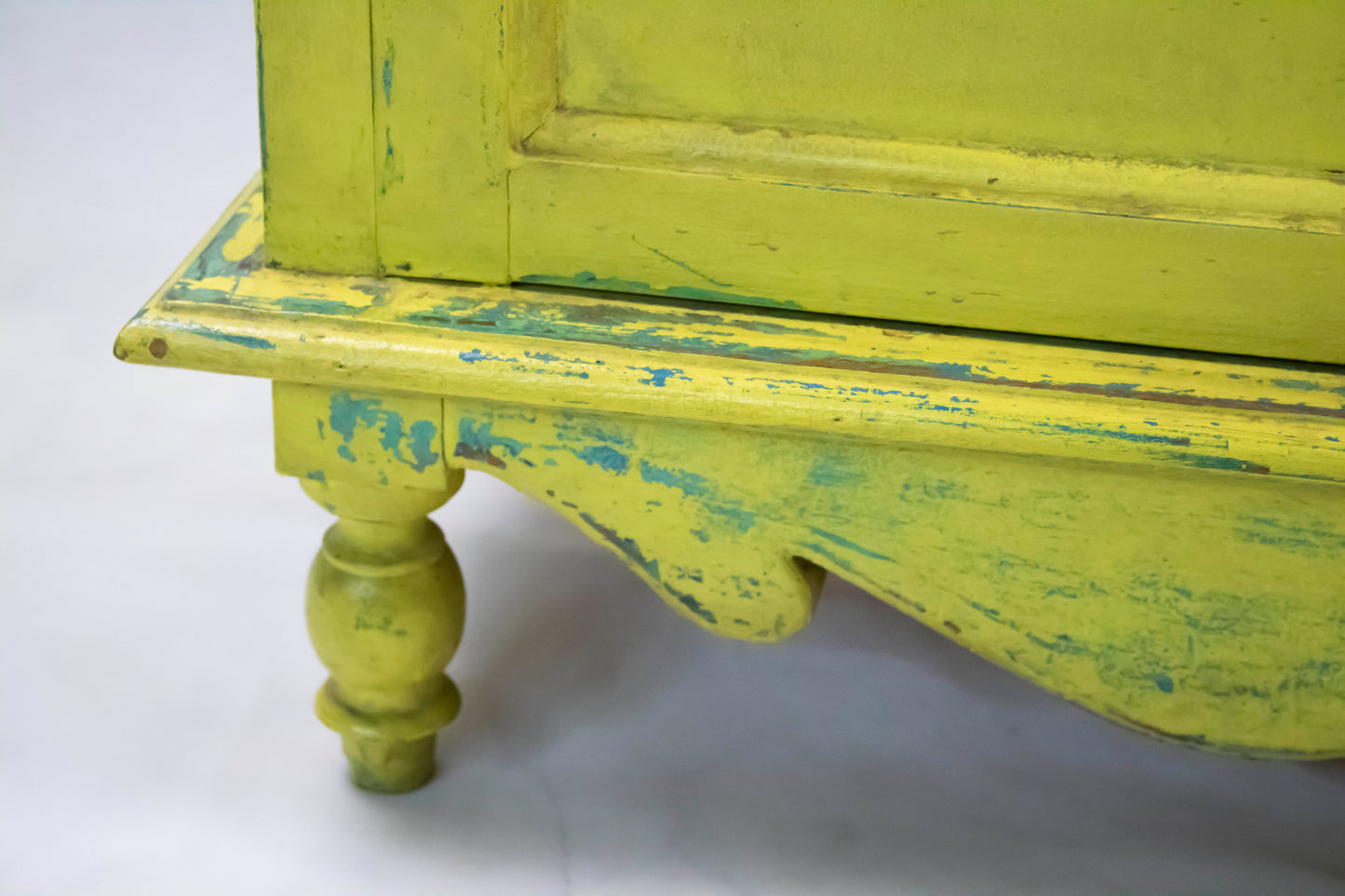 Vintage Lime Yellow Side Cabinet with Turquoise Distressed Details