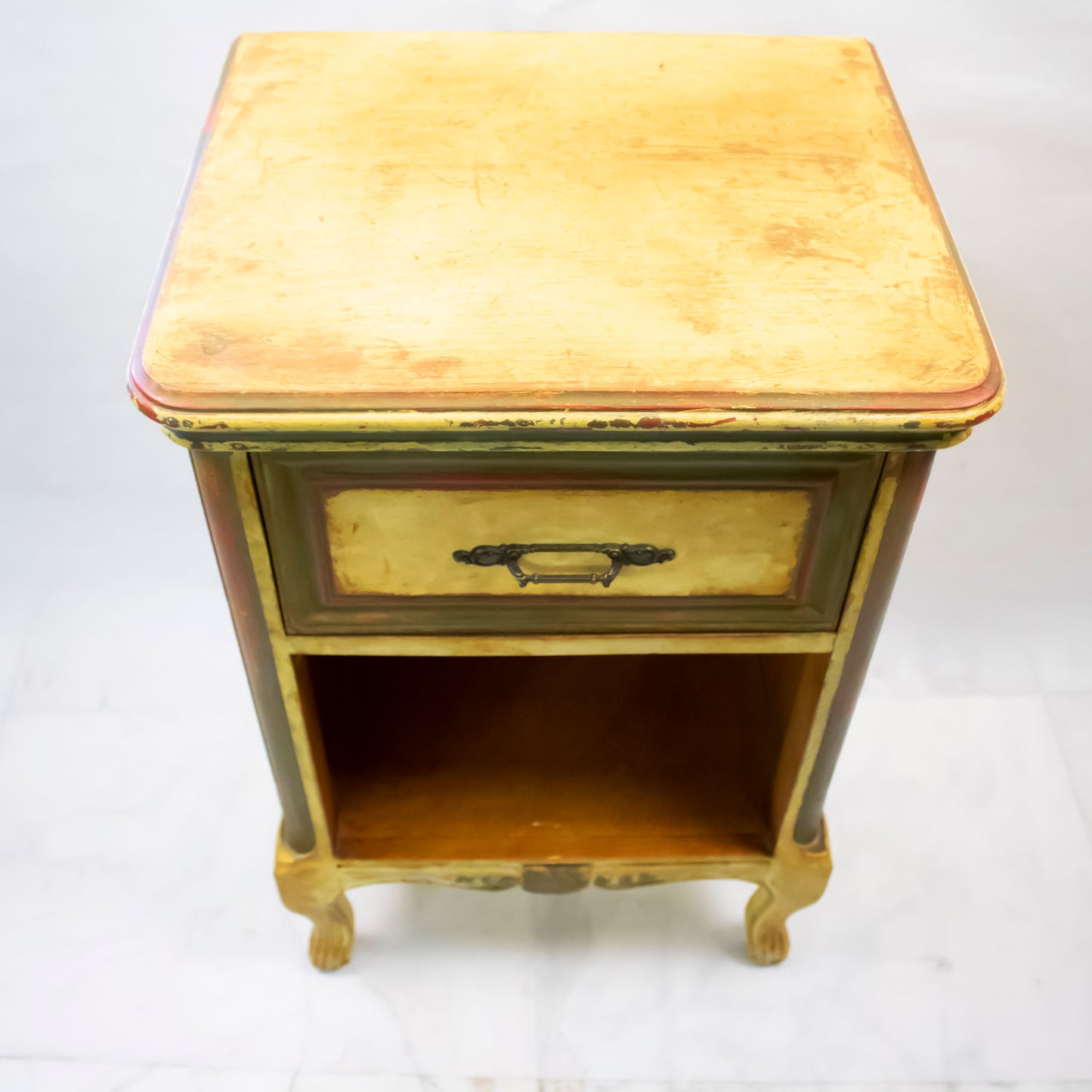 Vintage Distressed Nightstand with Drawer and Open Shelf