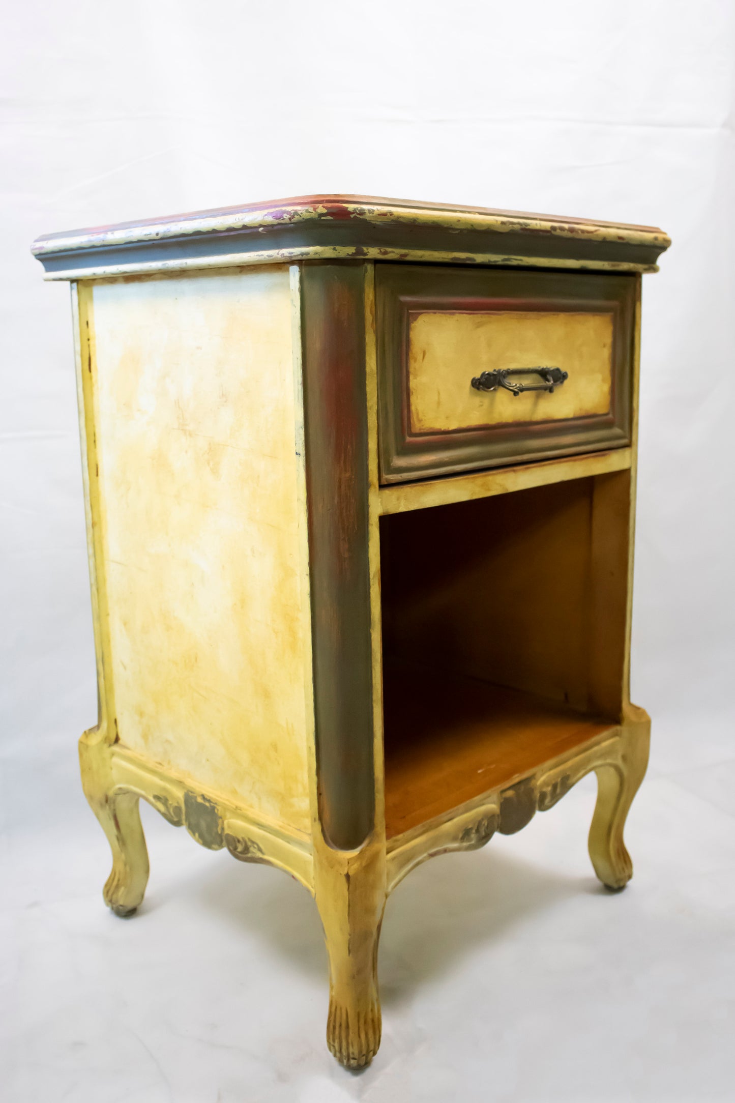 Vintage Distressed Nightstand with Drawer and Open Shelf