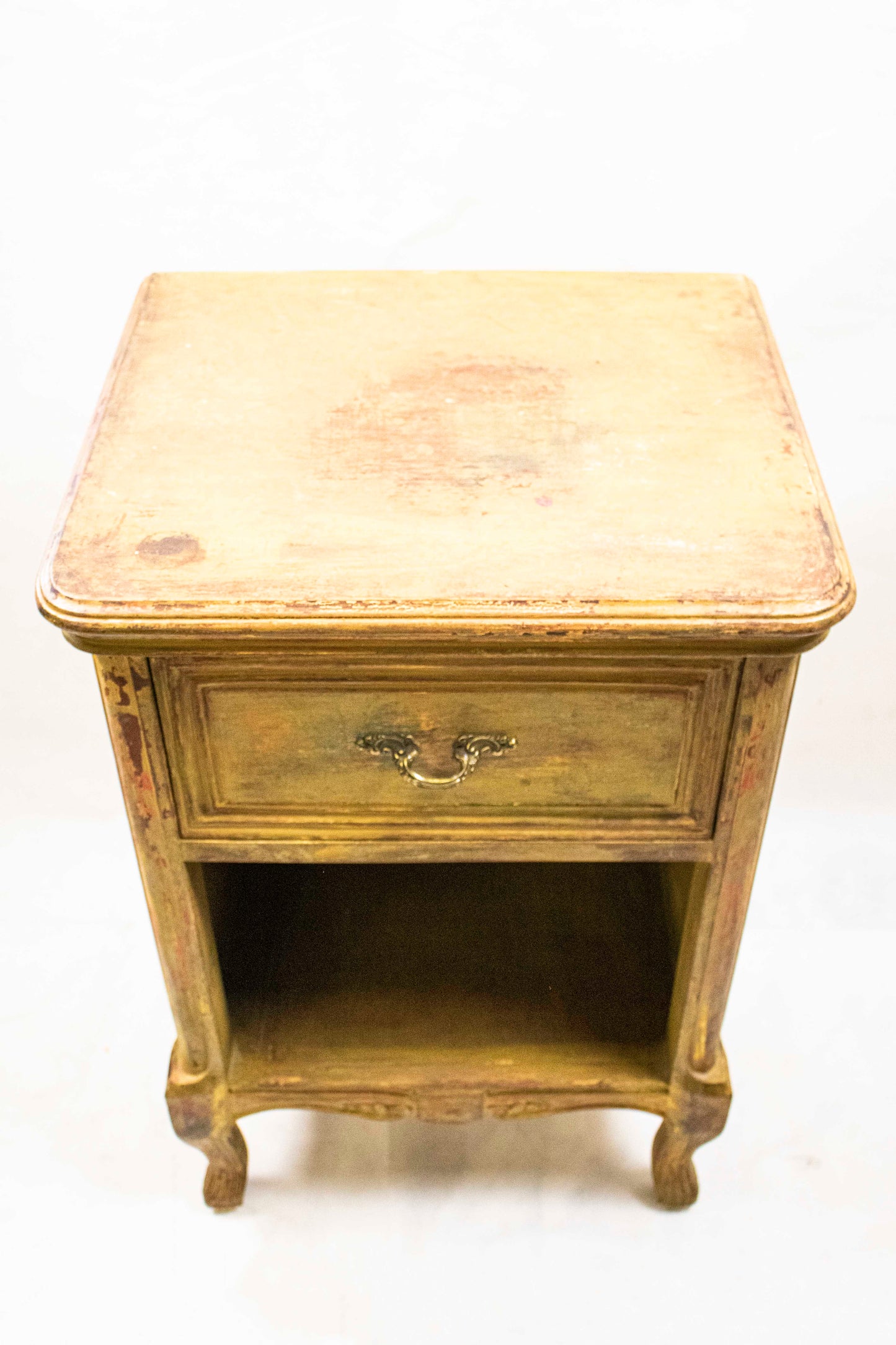 Gold Vintage Nightstand with Drawer and Open Shelf