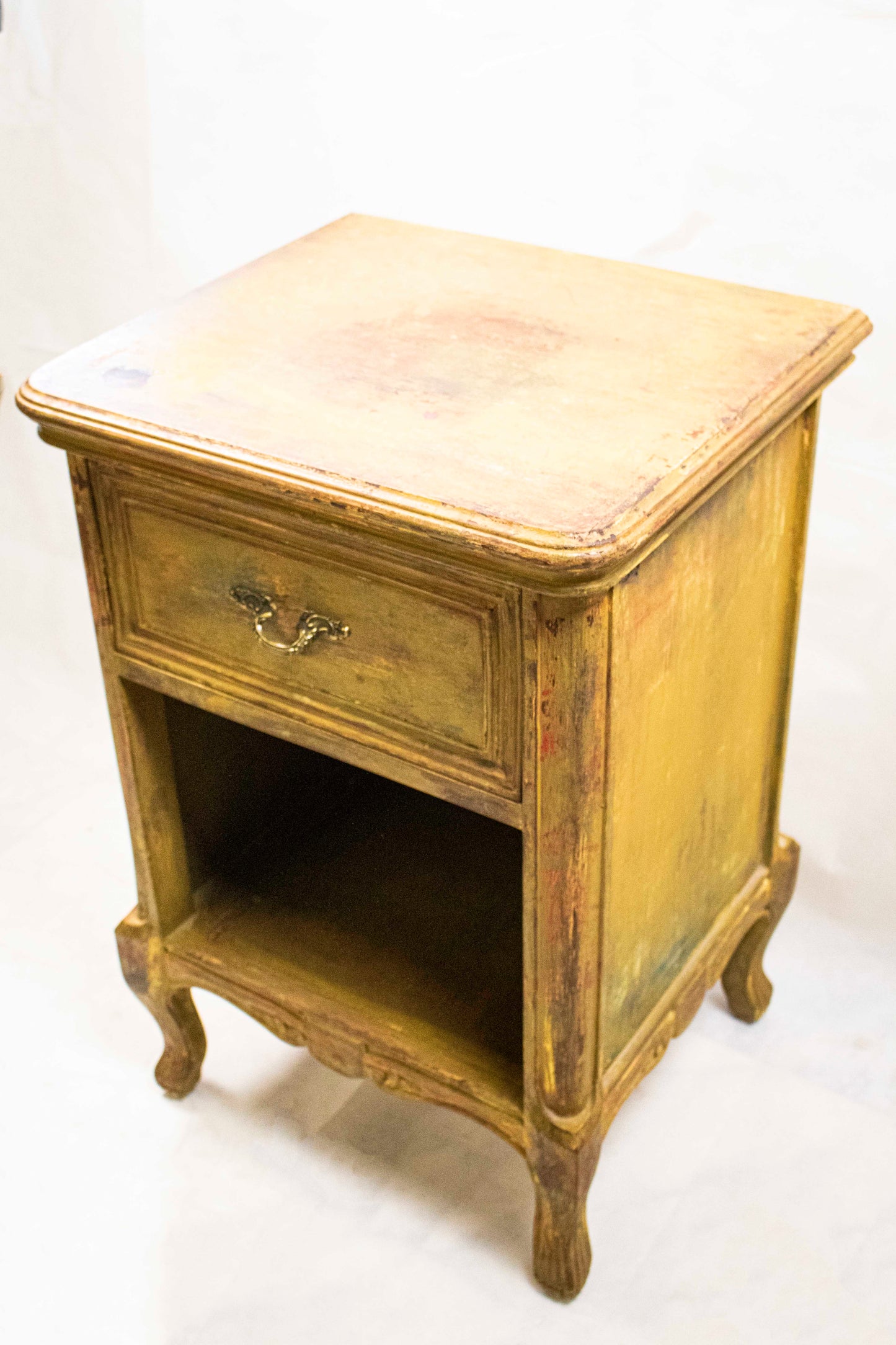 Gold Vintage Nightstand with Drawer and Open Shelf
